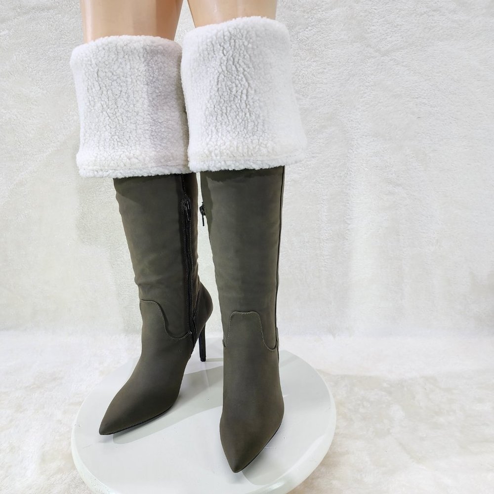 Olive Green Fluffy Fleece Lined Fold Under / Over the Knee Pointy Toe Boots - Picture 2 of 13